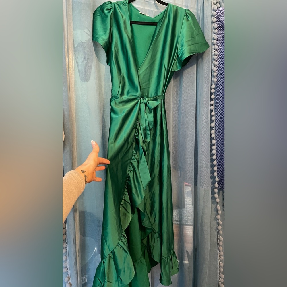 Emerald Green Satin Wrap Dress